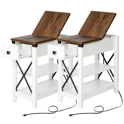 Awescuti Narrow End Table with Charging Station - Farmhouse Slim Side Table Set of 2, w/USB Ports Power Outlets, Nightstand w/Flip Top Storage Drawer, for Small Spaces Living Room Bedroom, Brown White