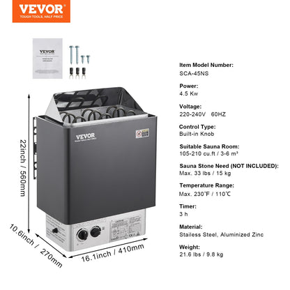 VEVOR Sauna Heater,220V Electric Sauna Stove, Steam Bath Sauna Heater 3h Timer and Adjustable Temp for Max. 176-318 Cubic Feet, (4.5KW) FCC Certification