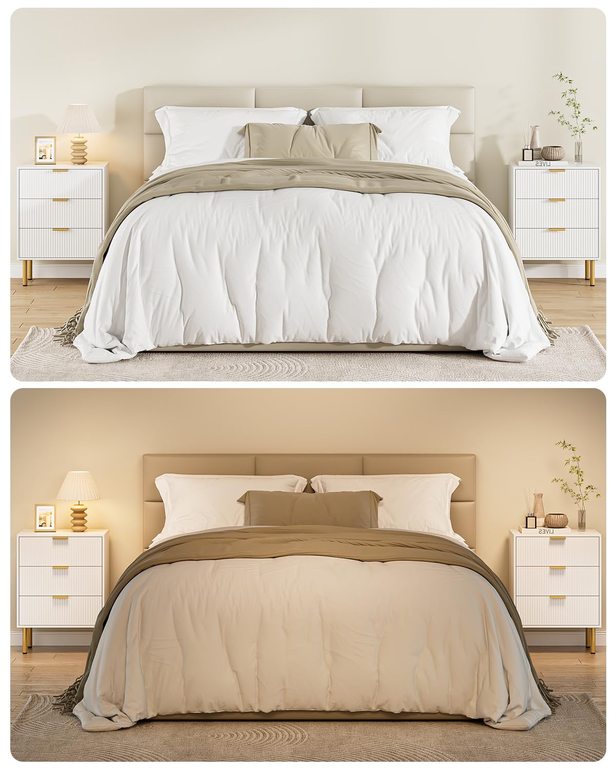 AEPOALUA Nightstand with 3 Drawers,Fluted Bedside Table with Gold Frame,25.7" H White Night Stand,Mid Century Modern Side Accent Table for Bedroom,Living Room AEPOALUA