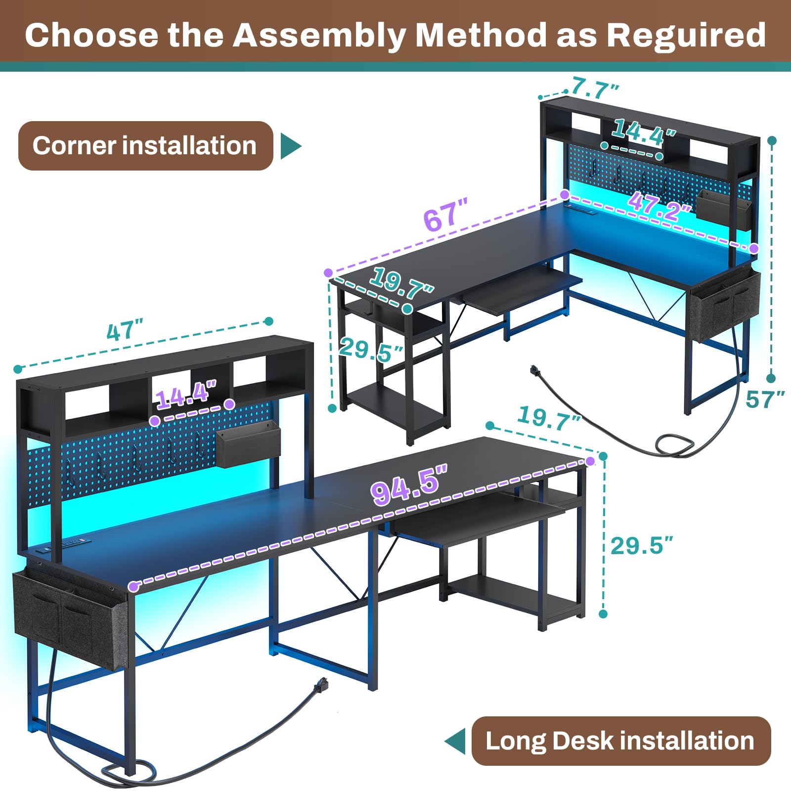 SEDETA L Shaped Gaming Desk, Reversible Computer Desk with Power Outlet and Pegboard, Gaming Desk with Led Lights, Keyboard Tray and Storage Bag for Home Office, Black - WoodArtSupply