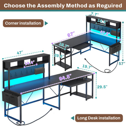 SEDETA L Shaped Gaming Desk, Reversible Computer Desk with Power Outlet and Pegboard, Gaming Desk with Led Lights, Keyboard Tray and Storage Bag for Home Office, Black - WoodArtSupply