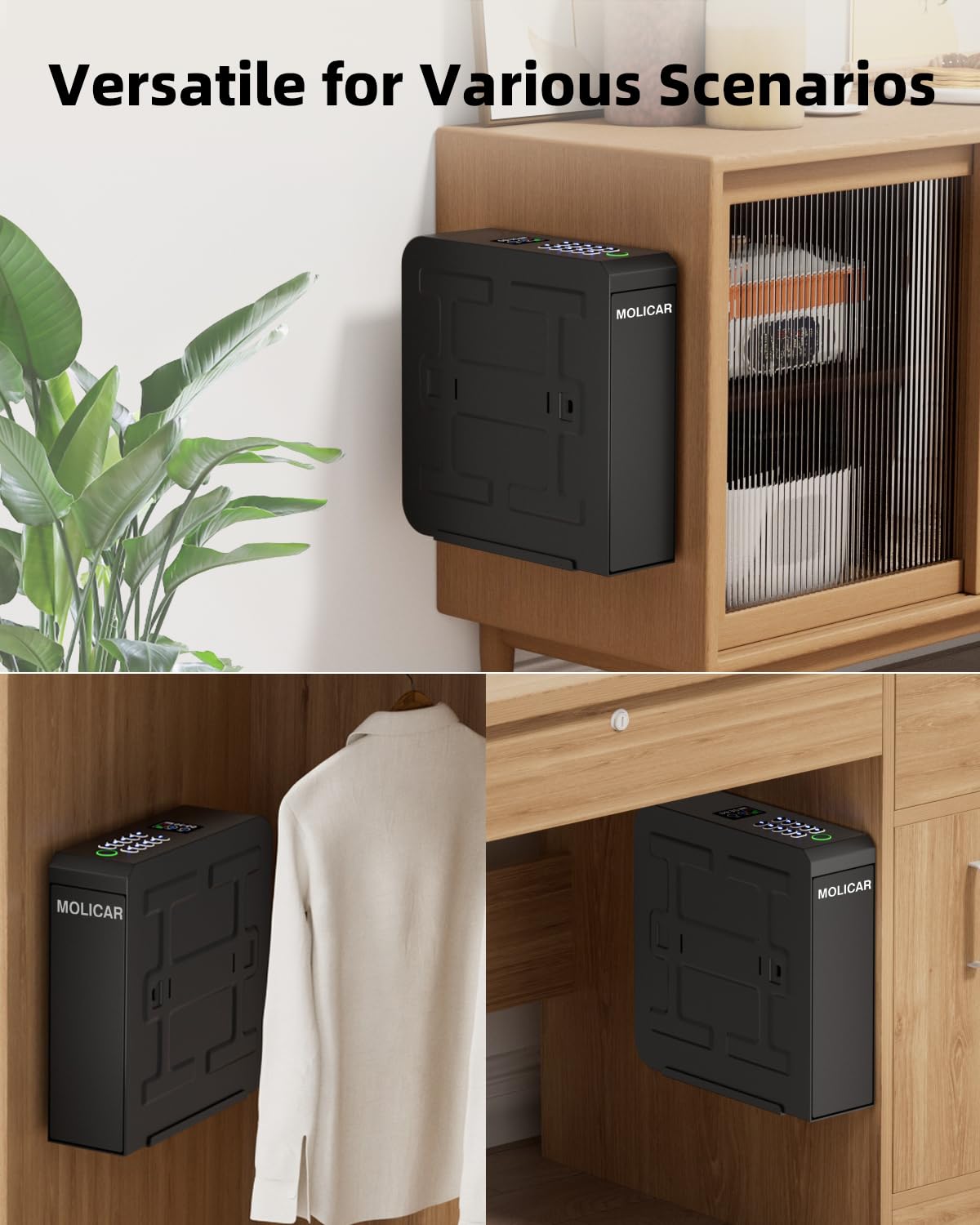 MOLICAR Biometric Slider Pistol Safe with LCD of Temp Humidity Battery, Mounted Single Bedside Gun Safe with 3 Ways Quick Access Handgun Case for Nightstand, Bed, Desk, Wall, Dresser MOLICAR