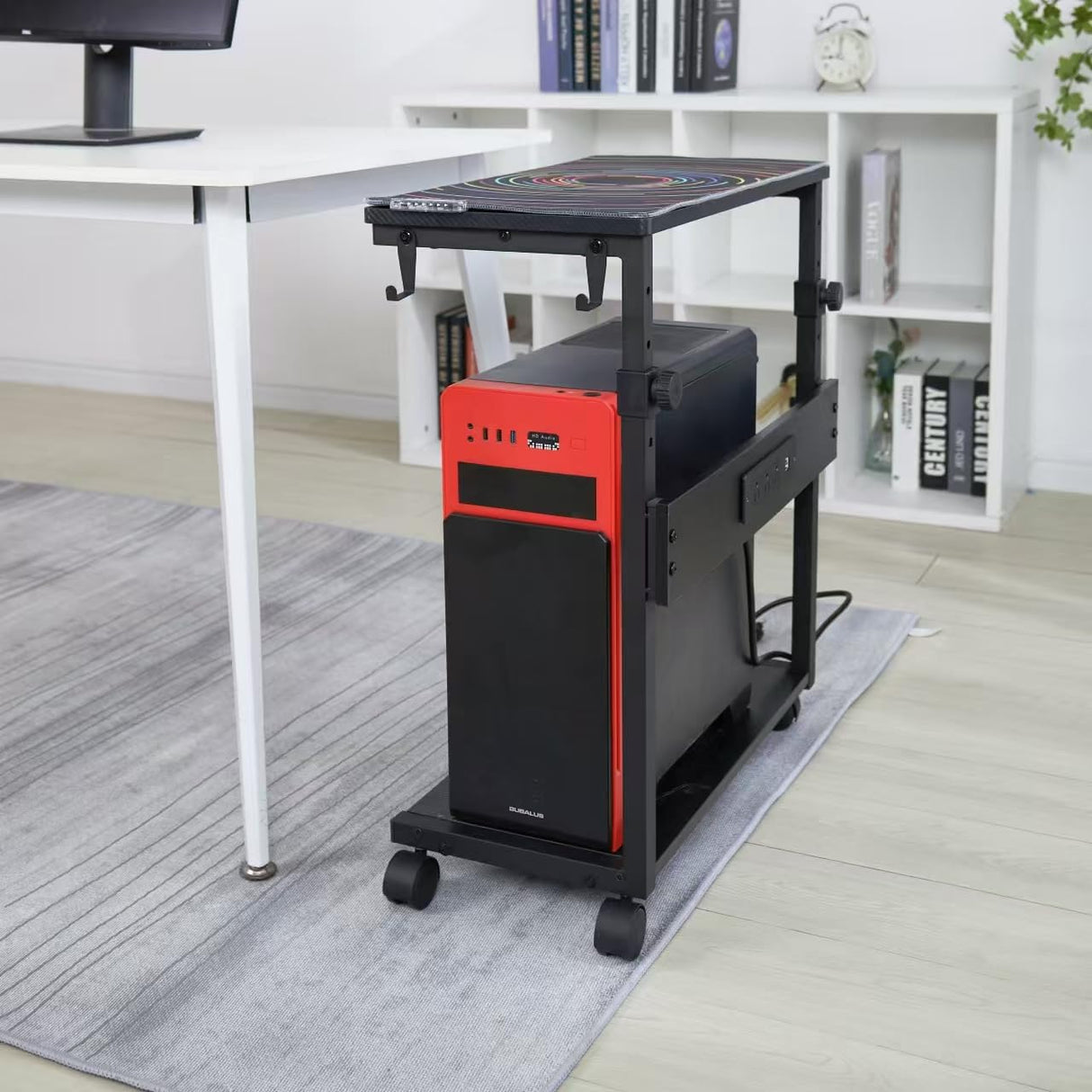 IRONKOM Adjustable Computer Tower Stand, 2-Tier ATX-Case CPU Holder Cart, Underdesk Mobile PC Standing Table, Gaming Accessories w Wheels & Mouse Pad w/Light, carben Fiber Finish, with sockets,Hooks IRONKOM