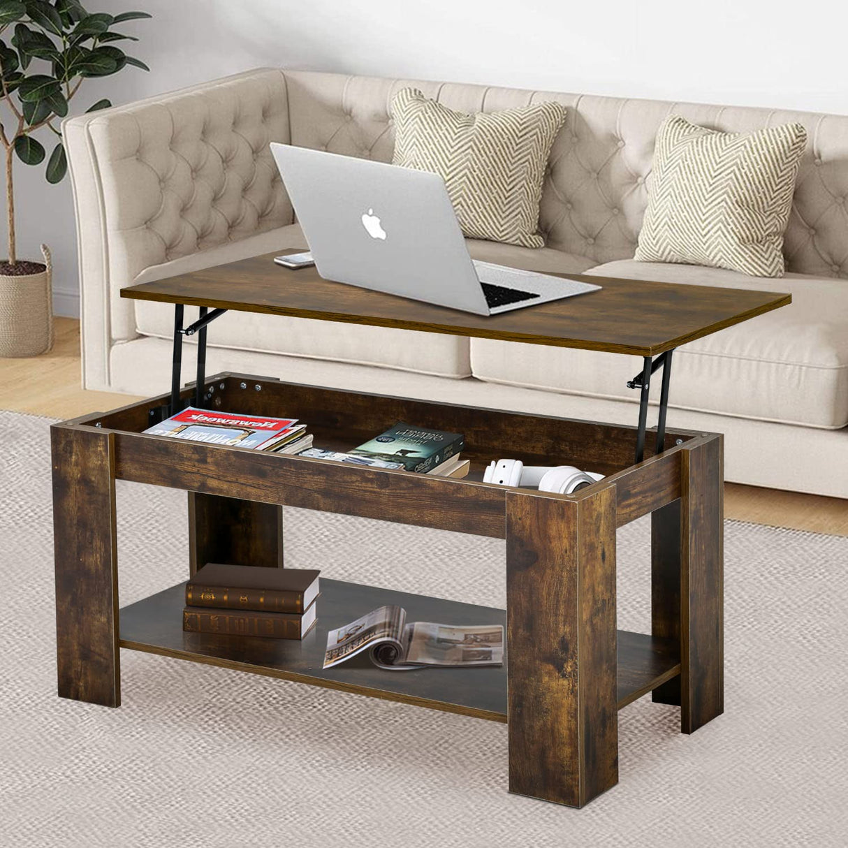 FDW Lift Top Coffee Table with Hidden Storage Compartment & Lower Shelf,Coffee Table with Lift Top for Living Room FDW