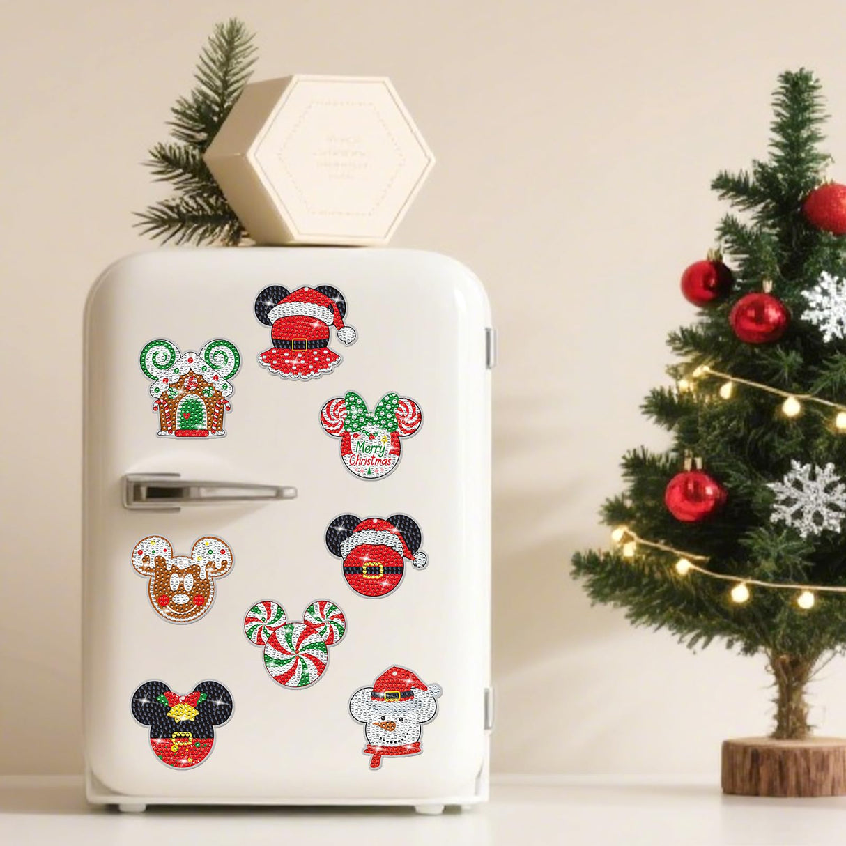 RiVolTa Christmas Diamond Art Kits - 16 Pcs Mouse Head Painting Magnets Refrigerator Cute Snowman Santa Claus Magnetic Stickers Dotz Ornaments for Adults Kids DIY Crafts Xmas Fridge Home Decals Decor RiVolTa