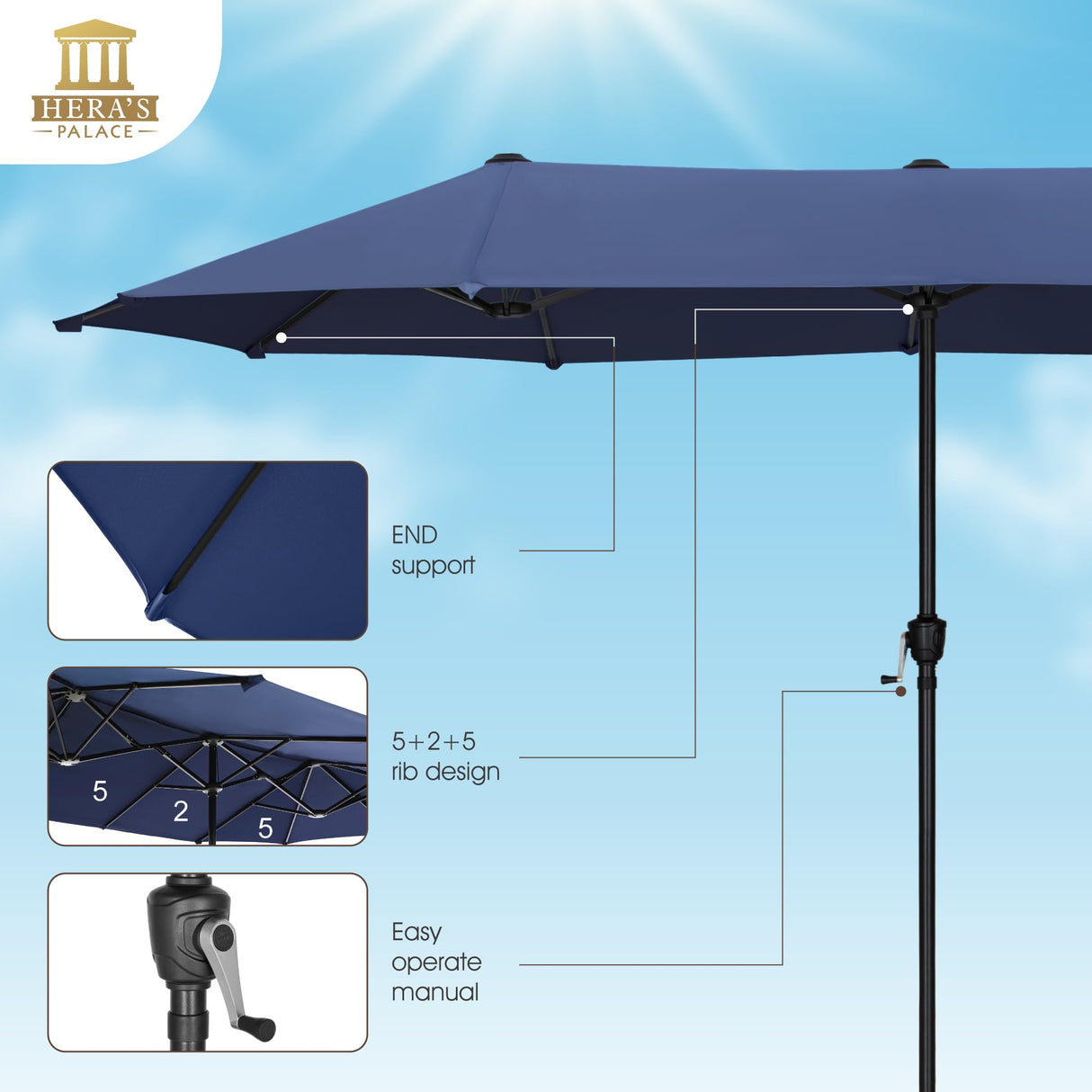 HERA'S PALACE 13 ft Rectangle Patio Umbrellas, Large Outdoor Umbrella with Crank, Powerful UV Protective, Table Umbrella Outdoor Patio for Backyard, Pool, Garden, Deck HERA'S PALACE