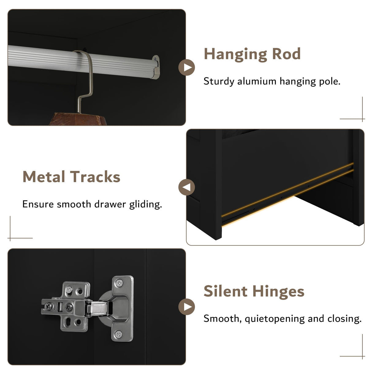 iPormis Wooden Armoire Wardrobe Closet with 2 Drawers, Clothing Storage Cabinet with Shelves Aluminum Hanging Rod, Wardrobe Storage with Strong Door Closure, Modern Bedroom Clothing Armoires, Black iPormis