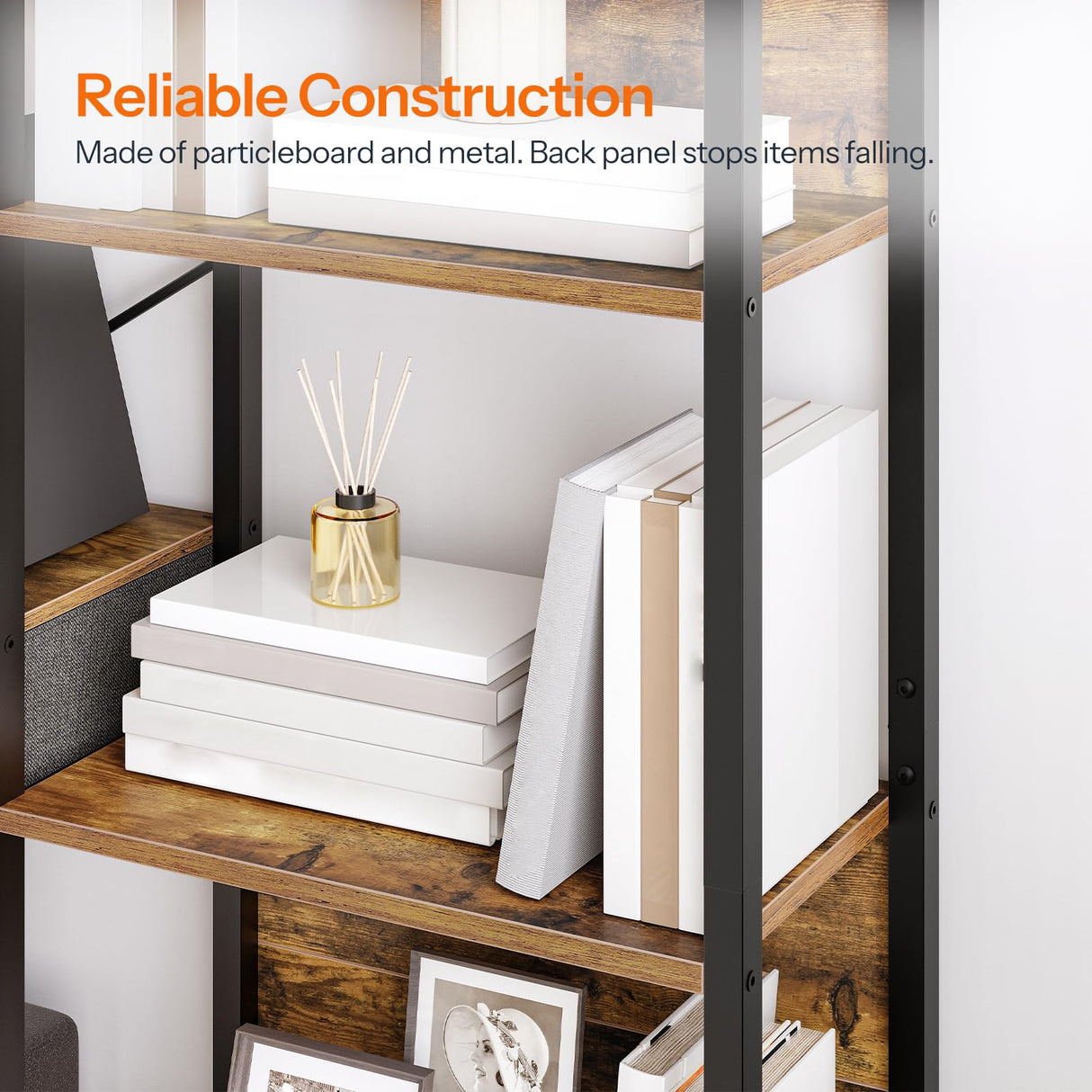 HOOBRO Triple Book Shelf, Industrial Bookshelf with Drawer, 5-Tier Bookcase with Metal Frame, Bookcase with 13 Open Display Shelves for Home Office, Living Room, Rustic Brown and Black BF160SJ01 HOOBRO