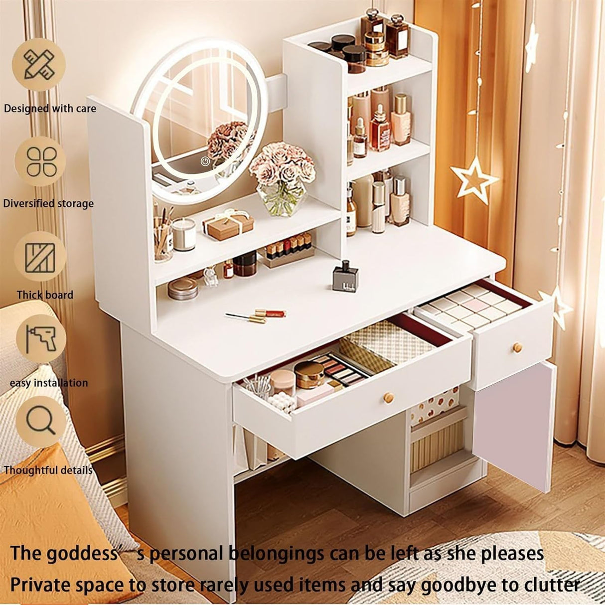 MONGMON Dressing Table,Makeup Table with Drawers, Vanity Desk with Mirror and led Lights,3 Lighting Mode,Makeup Vanity Desk,Multifunctional Makeup Writing Desk for Bedroom (White) MONGMON