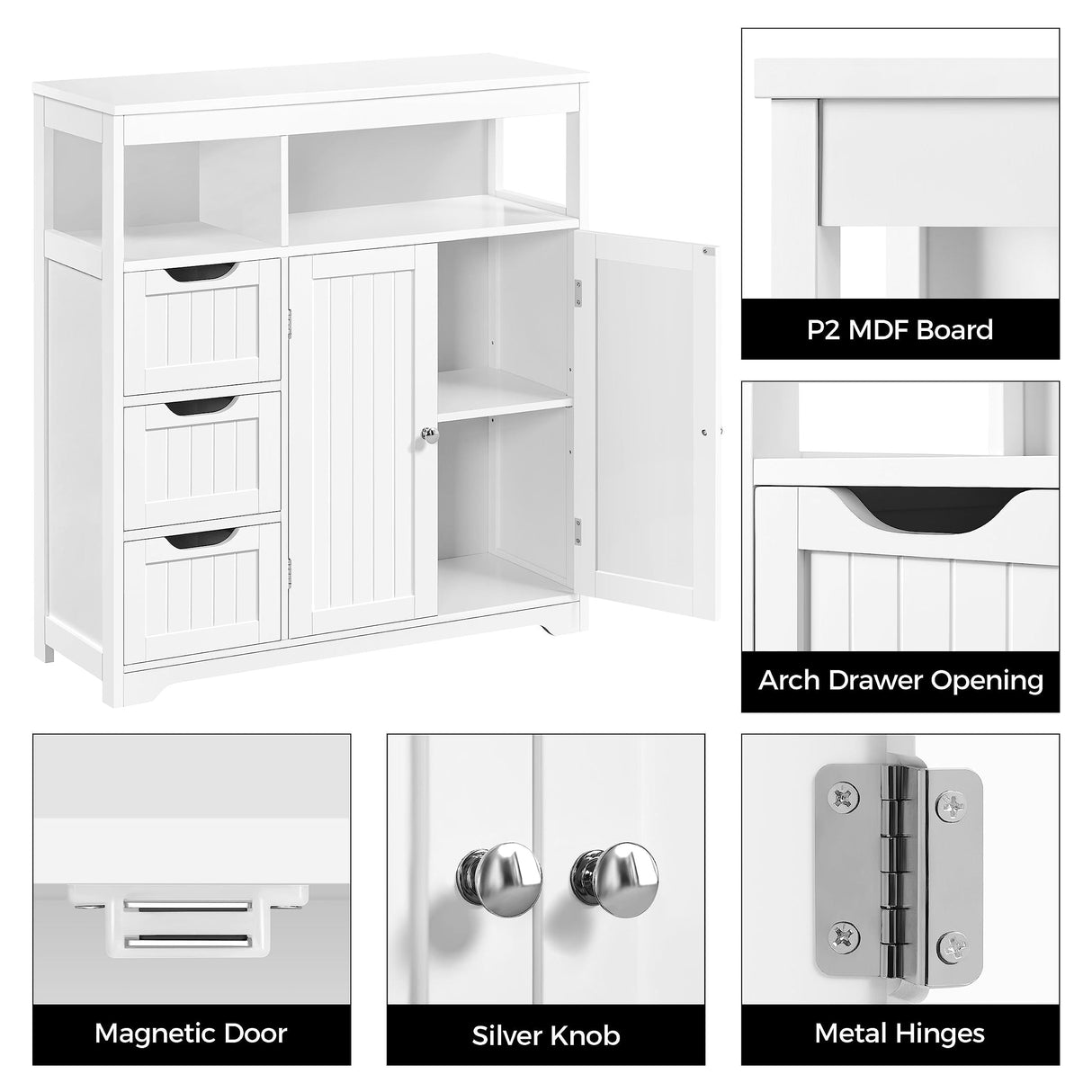 Yaheetech White Wooden Storage Cabinet with 3 Drawers and 2 Open Shelves for Bathroom and Home Organisation Yaheetech