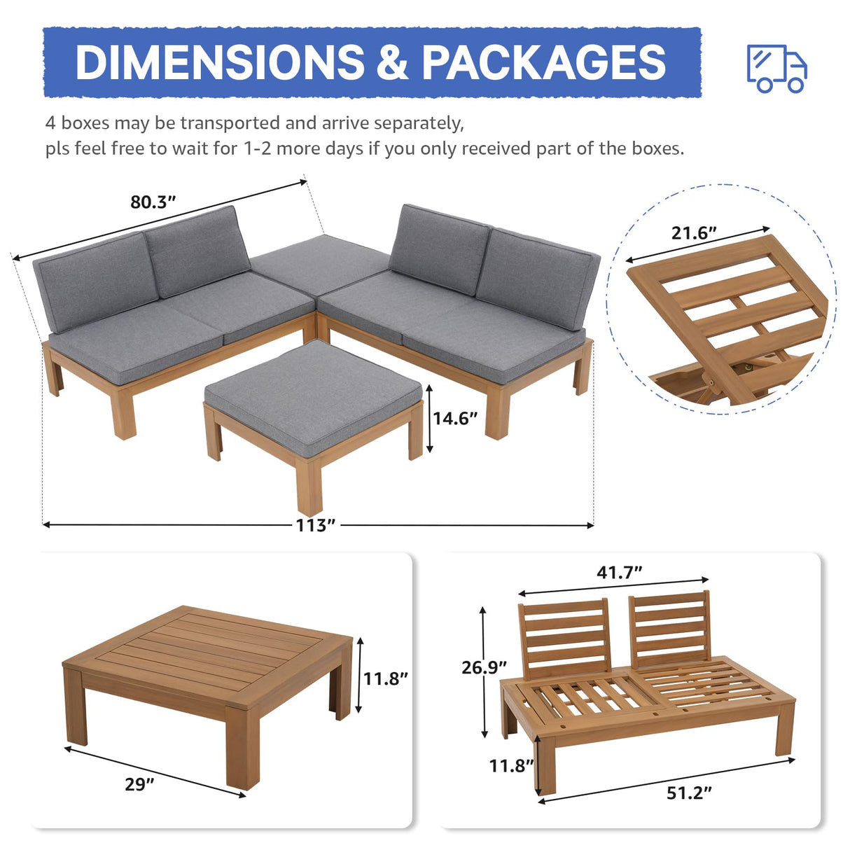 SUNSITT 4 Piece Acacia Wood Patio Furniture Outdoor Sectional Sofa Set with Adjustable Armrest, FSC Certified L-Shaped Patio Set w/2-in-1 Coffee Table, Grey Cushions SUNSITT
