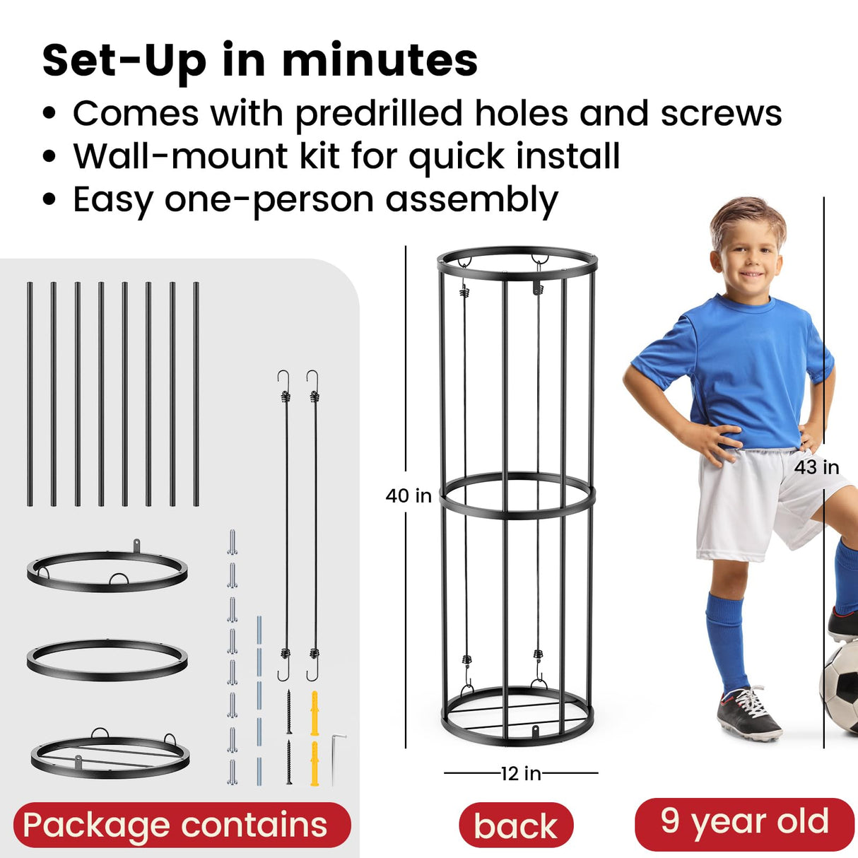 Garage Ball Storage Rack – Freestanding & Wall Mounted Sports Organizer with Elastic Cords Holds 7 Balls – Space Saving Basketball Soccer Football Holder for Home Kids Room WoodArtSupply