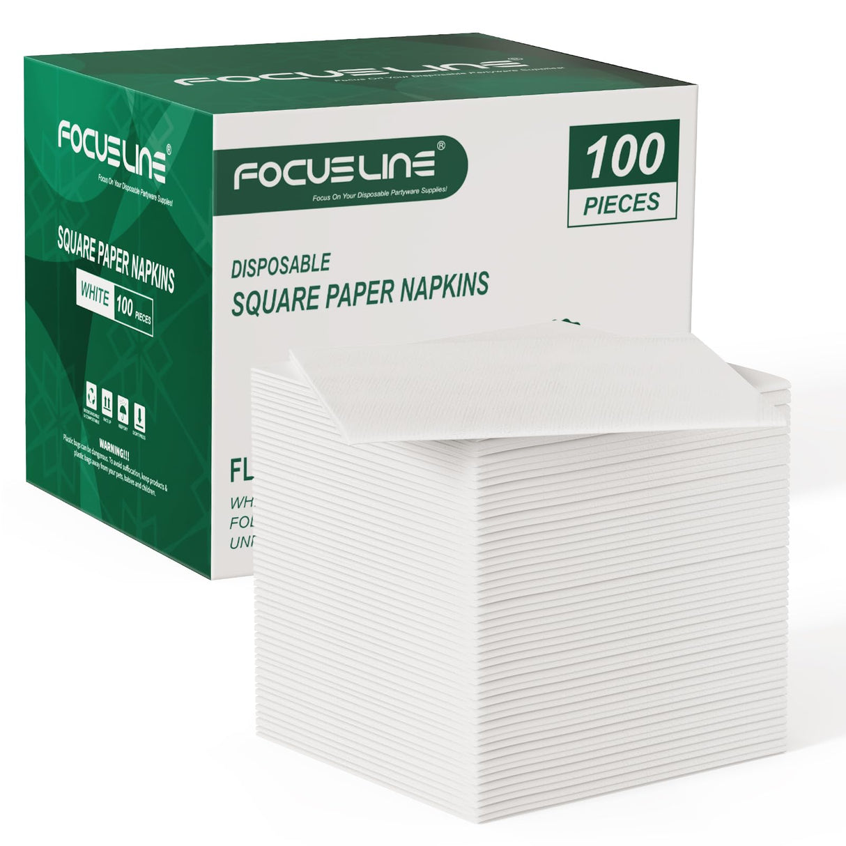 FOCUSLINE 100 Count Linen-Feel Disposable Cocktail Napkins -Square White Beverage Napkins - Soft and Absorbent Bulk Party Paper Napkins for Bar, Restaurant, Café, Wedding, Dinner or Events FOCUSLINE