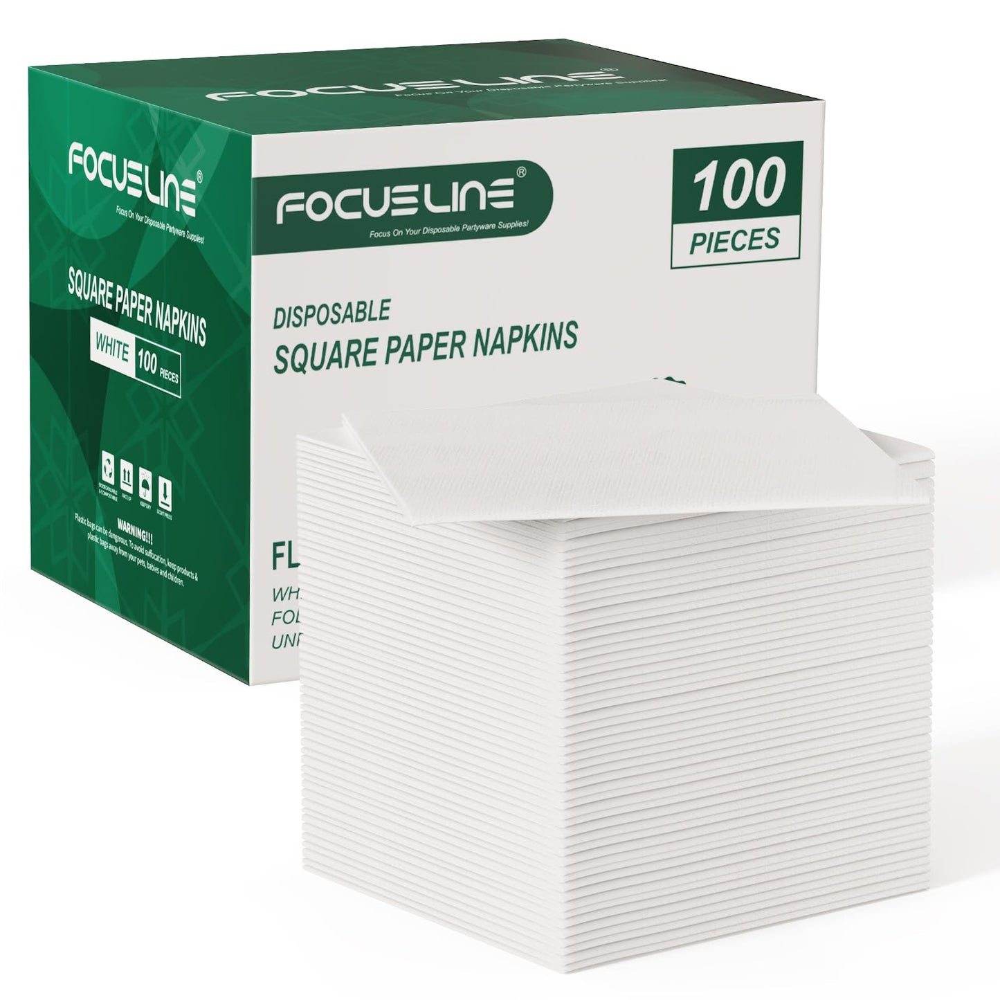 FOCUSLINE 100 Count Linen-Feel Disposable Cocktail Napkins -Square White Beverage Napkins - Soft and Absorbent Bulk Party Paper Napkins for Bar, Restaurant, Café, Wedding, Dinner or Events