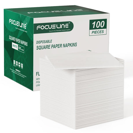 FOCUSLINE 100 Count Linen-Feel Disposable Cocktail Napkins -Square White Beverage Napkins - Soft and Absorbent Bulk Party Paper Napkins for Bar, Restaurant, Café, Wedding, Dinner or Events FOCUSLINE