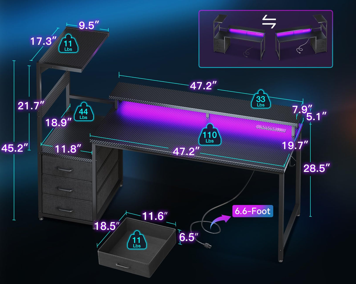 AODK 59 Inch Gaming Desk with USB Charging Ports & LED Light- Reversible Computer Desk with Storage Shelves & Monitor Stand, Modern Gamer Desk Table with Fabric Drawers & Side Hook, Carbon Fiber Black AODK