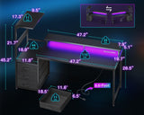 AODK 59 Inch Gaming Desk with USB Charging Ports & LED Light- Reversible Computer Desk with Storage Shelves & Monitor Stand, Modern Gamer Desk Table with Fabric Drawers & Side Hook, Carbon Fiber Black AODK