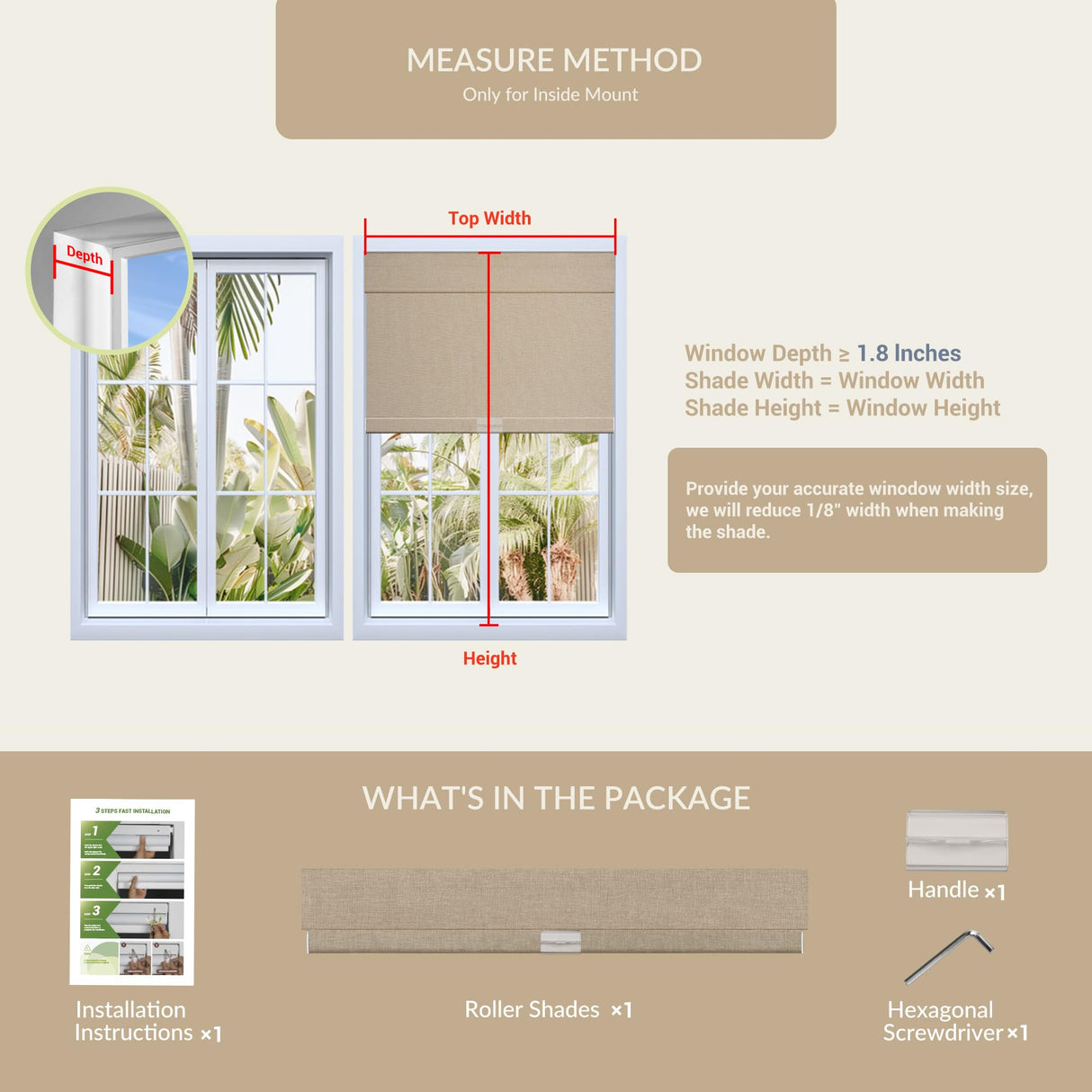 Boolegon No Drill No Tools Roller Shades for Windows, Blackout Linen Fabric, Cordless Roller Blinds, Thermal Insulated UV Protection Window Shades for Home,Bedroom,Office, Blackout-Beige,Custom Size Boolegon