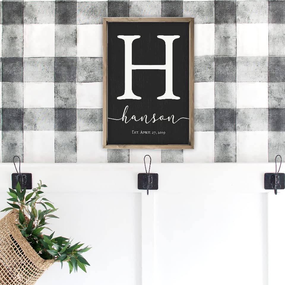 Framed Wooden Family Name Sign Personalized Wood Monogram Choose from Four Sizes (12" x 18", Weathered Grey Frame, Black Background) MRC Wood Products