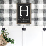 Framed Wooden Family Name Sign Personalized Wood Monogram Choose from Four Sizes (12" x 18", Weathered Grey Frame, Black Background) MRC Wood Products