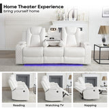 Power Reclining Sofa Couch with Wireless Charger, 3 Seaters with Recliner with Reading Light, Leather Electric 3 Seat Sofa Sectional Set for Living Room, Home Theater Seating with LED Lights, White Comfort Stretch
