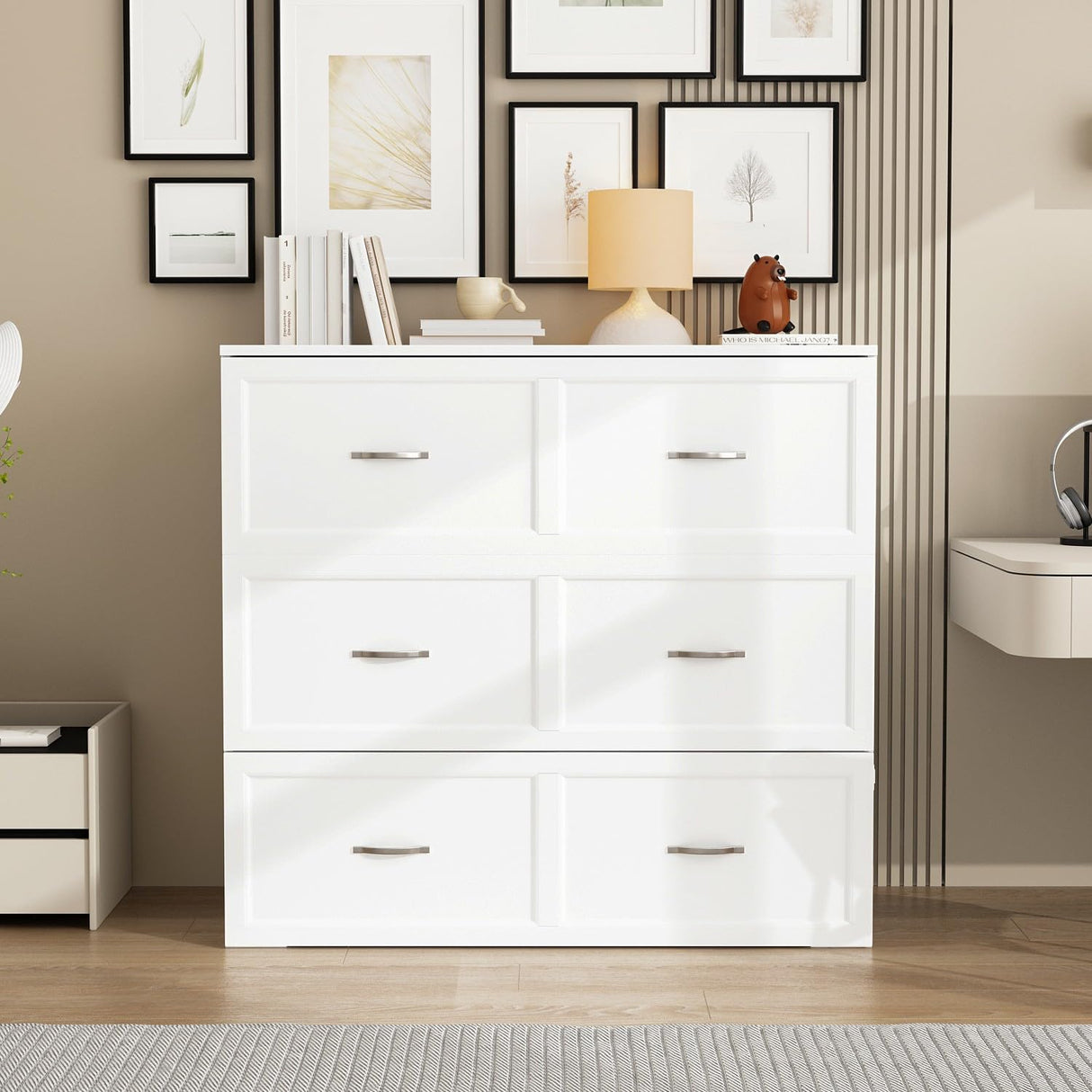 FAMAPY Twin Murphy Bed with Built-in Charging Station, Space-Saving Murphy Bed Chest Twin with Drawer, Foldable, for Home Office Guest Room Bedroom White, 76.8”L x 44.4”W x 41.3”H FAMAPY