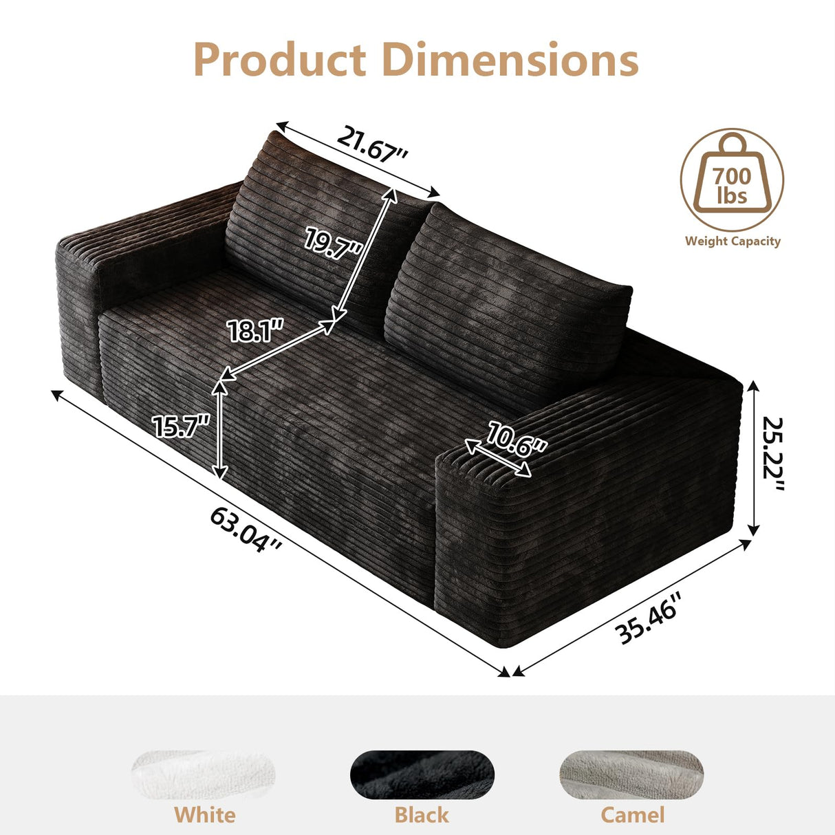 Cloud Loveseat Sofa, Modern Corduroy 2-Seater Couch with Deep Seat, No Assembly Required Memory Foam Sofa, Boneless Sofa in a Box for Bedroom, Apartment, Office,Small Space (Black,63in) atosela