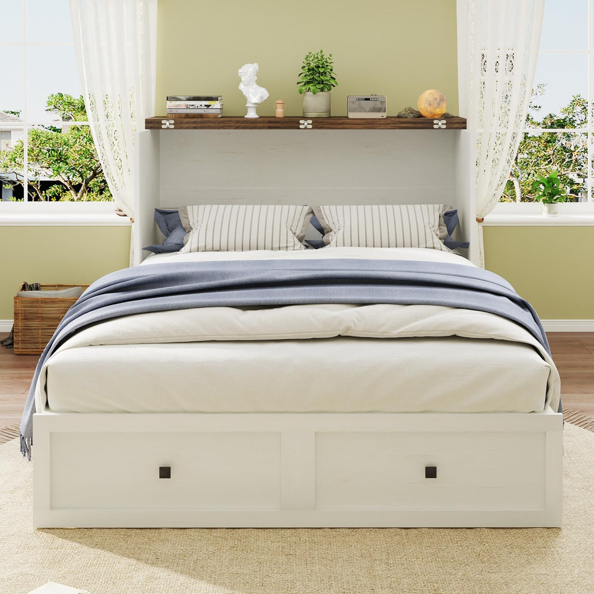 LUXOAK Queen Size Murphy Bed with Charging Station, Cabinet Bed with Large Storage Drawer for Home Office or Small Room, Hideaway Full Foldable Platform Bed, Barnwood+White LUXOAK