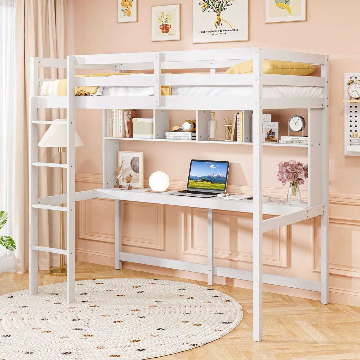 Giantex Twin Loft Bed with Desk & Bookcase, Solid Wood Loft Bed Frame w/Safety Guardrails & Ladder, Space-Saving Twin Size Bed Frame with Storage for Home Dorm Apartment, No Box Spring Needed, White Giantex