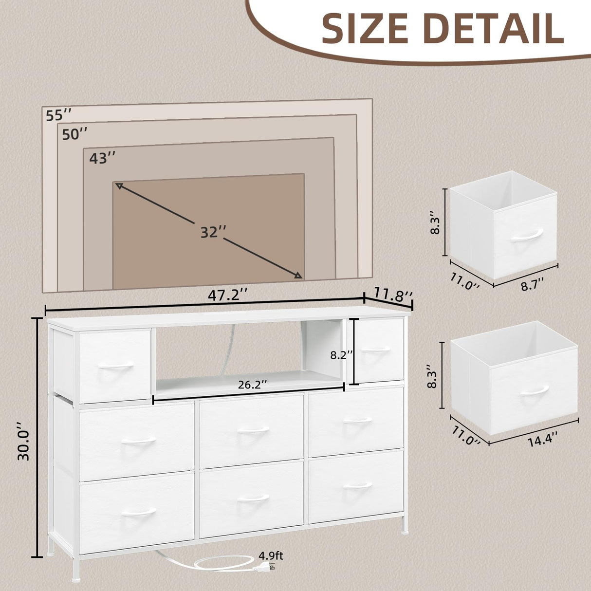 Somdot White TV Stand, Dresser for Bedroom for 55 inch TV with Charging Station and LED Lights, Media Console Table with 8 Drawers, Open Shelf, Adjustable Feet,Living Room Furniture Somdot