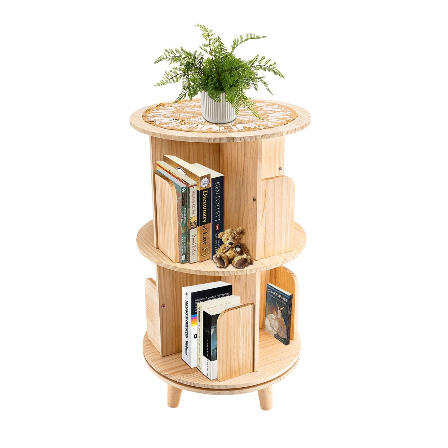 Rotating Wooden Bookshelf,2-Tiers Floor Standing Bookshelf Display 360 Degree Rotating Storage Book Rack,Rotating Round Bookshelf Bookcase Organizer for Study Living Rooms Bedroom