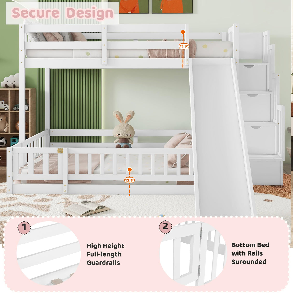 Duxelifin Twin Over Full Bunk Beds with Slide and Stairs, Floor Bunk Bed Frame with Rails, Convertible Wood Loft Bed with Storage Staircase for Kids Boys Girls, White Duxelifin