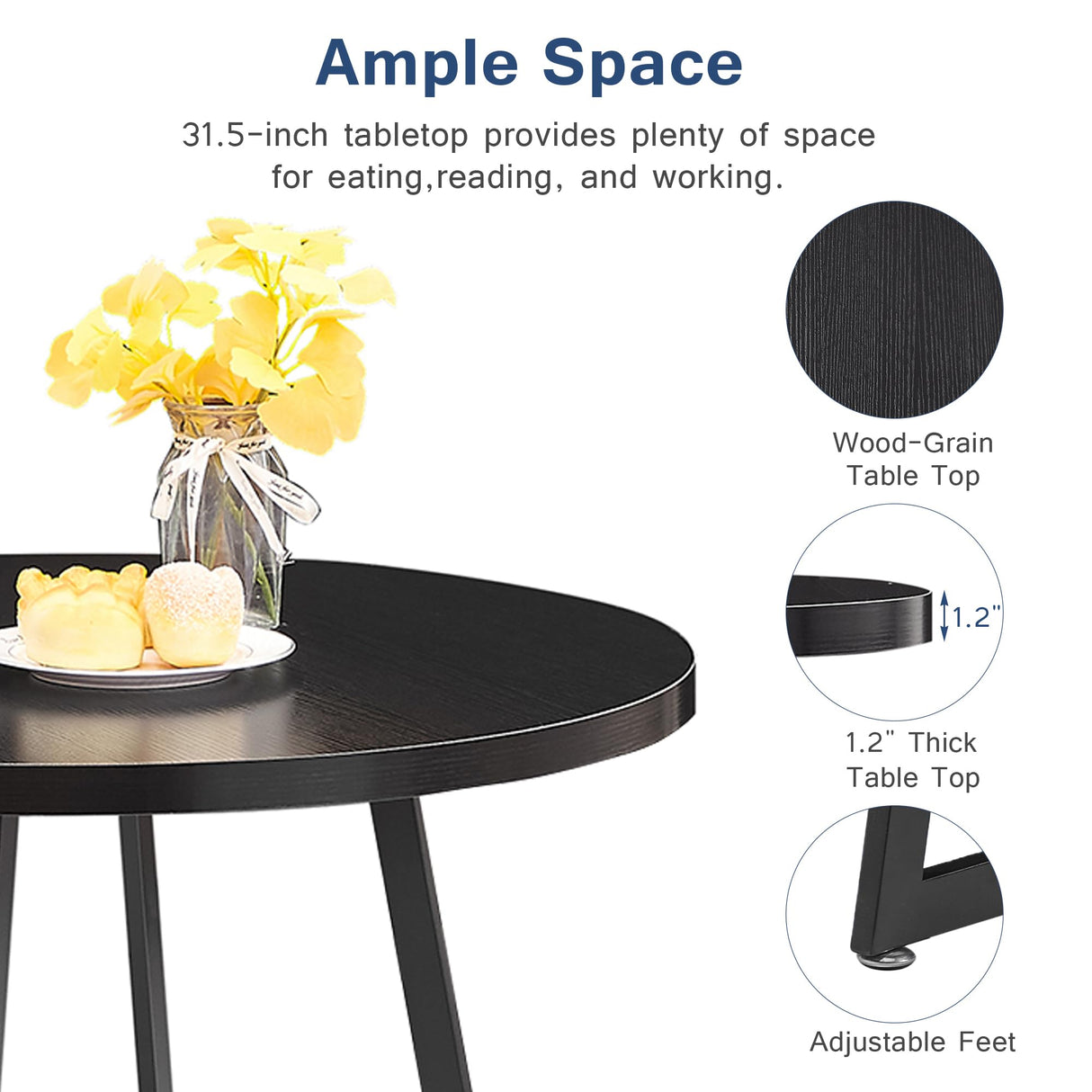 VECELO Round Dining Room Table with Wood Grain Tabletop and Steel Frame, for Kitchen, Living Room, Office, Conference, 2 to 4 Person, Wood-Grain Black VECELO