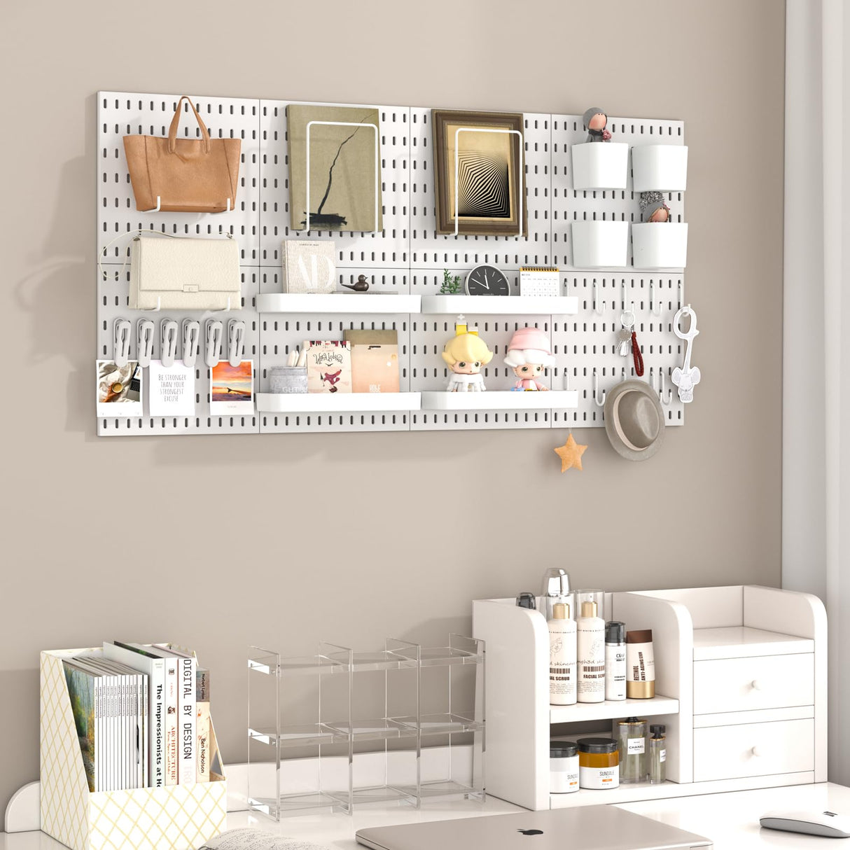 VEOFEMLEA Pegboard Combination Kit, 8 Peg Boards and 30 Accessories Modular Hanging Black Pegboard for Walls, Office Wall Organizer, Keys Holder on Wall, Nursery Storage, 44"x22" Black VEOFEMLEA