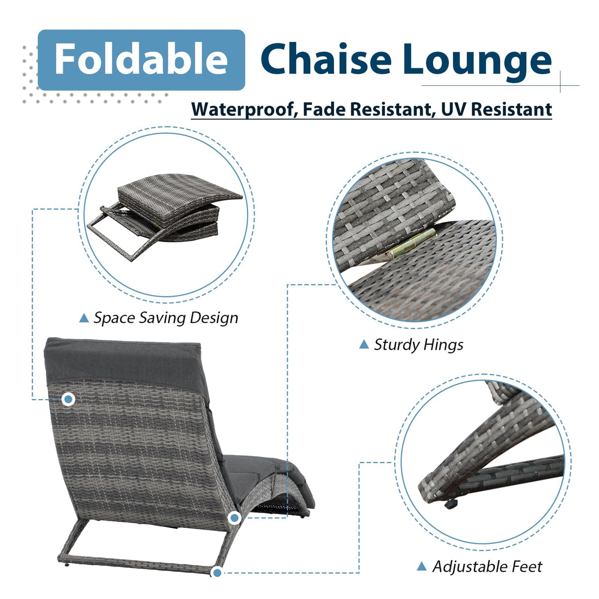 JOIVI Patio Chaise Lounge Chairs Sets, 2 Pieces Cushioned Patio Adjustable Chaise Lounge, Rattan Reclining Chair with Removable Dark Gray Cushion, Pool Lounge Chairs for Outside, Garden, Balcony JOIVI