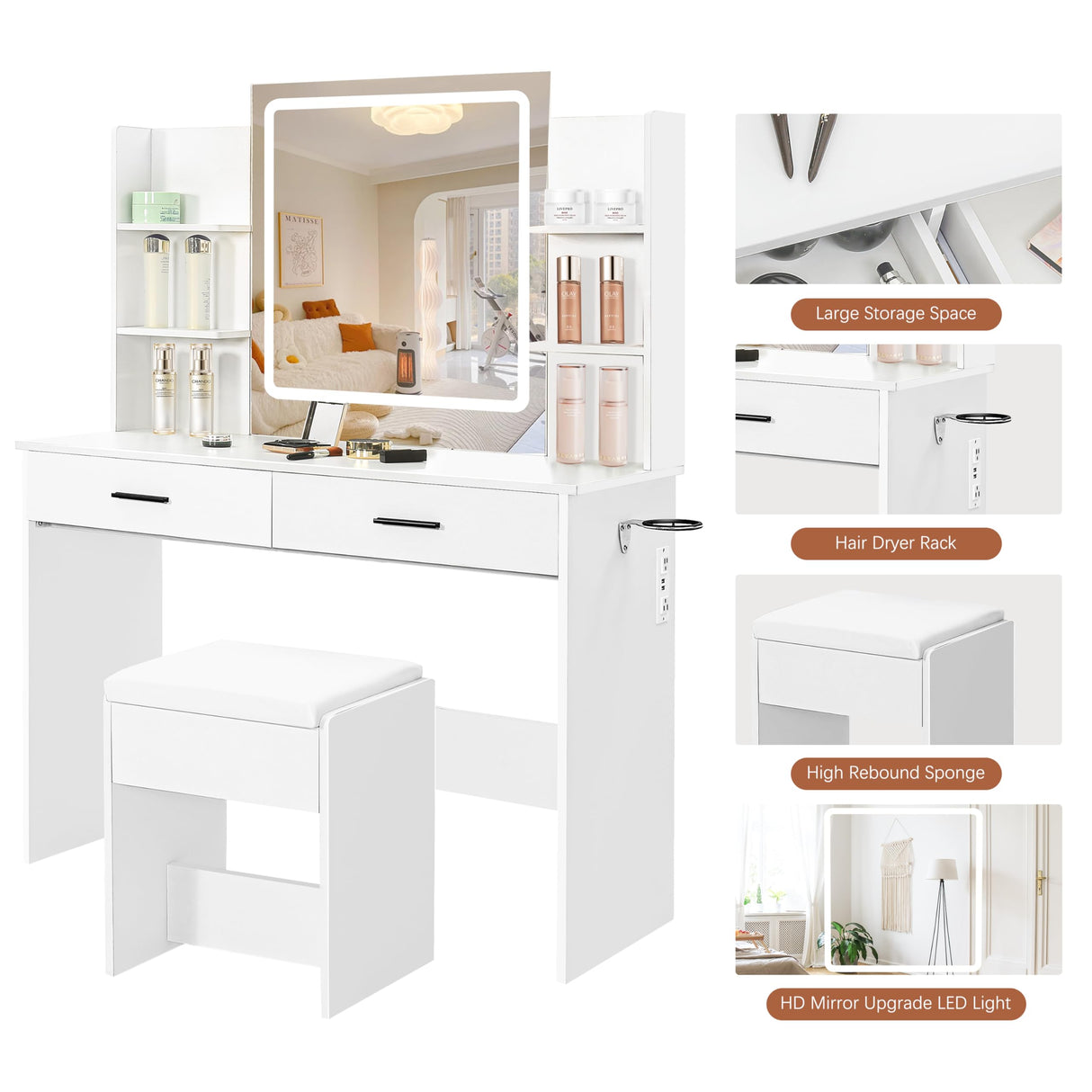 YIKEHOME Vanity with Lighted Mirror, Makeup Vanity Desk with Power Outlet, 3 Color Lights, Adjustable Brightness, Vanity Table with 6 Shelves, 2 Drawers and Stool, White YIKEHOME