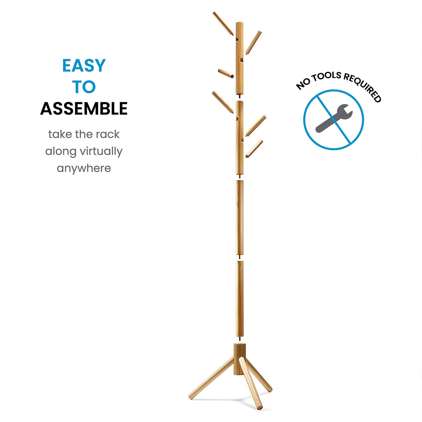 ZOBER Coat Rack Free Standing - Wooden Coat Tree W/ 6 Hooks - Coats, Purses, Hats - Adjustable Sizes, Easy Assembly - Natural - WoodArtSupply