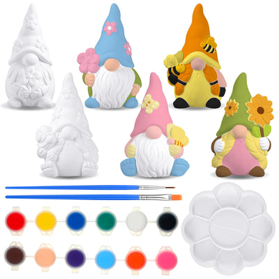 Poen 6 Sets Ready to Paint Your Own Ceramic Gnome Statues Spring DIY Unpainted Ceramics Gnome Figurines Kit Drawing Figurines DIY Art and Craft with Brush Palette Paint for Adult