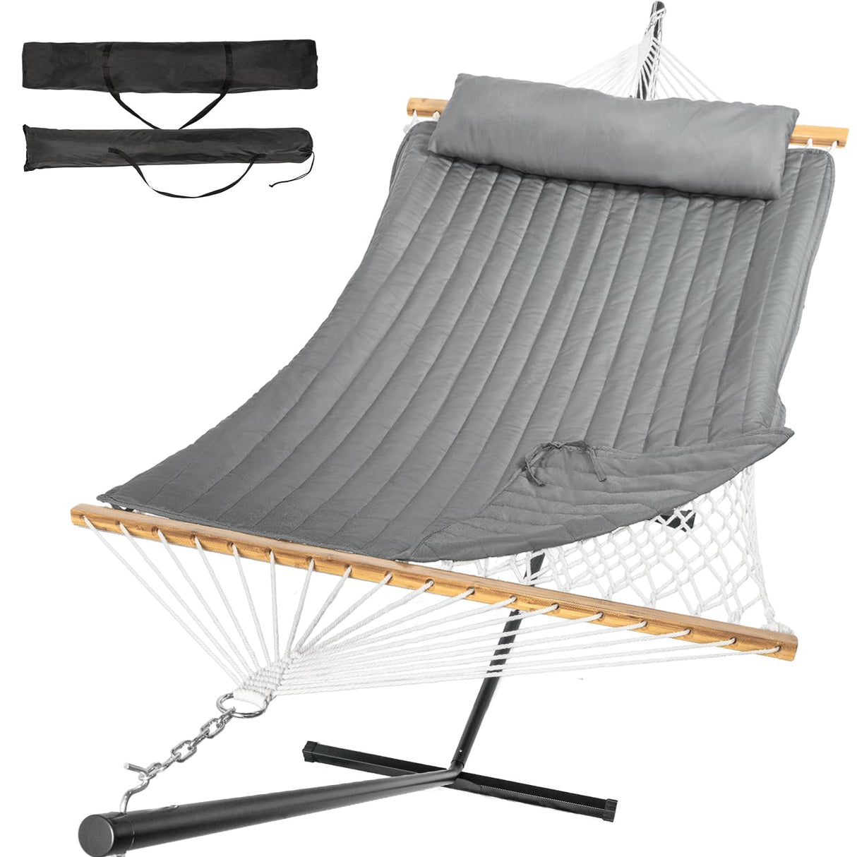 Everyfun Double Hammock with Stand, 2 Person Cotton Rope Hammock with Removable Polyester Pad, 500LBS Capacity, Portable & Adjustable Design, Includes Storage Bag, Indoor Outdoor Use,Dark-Gray Everyfun