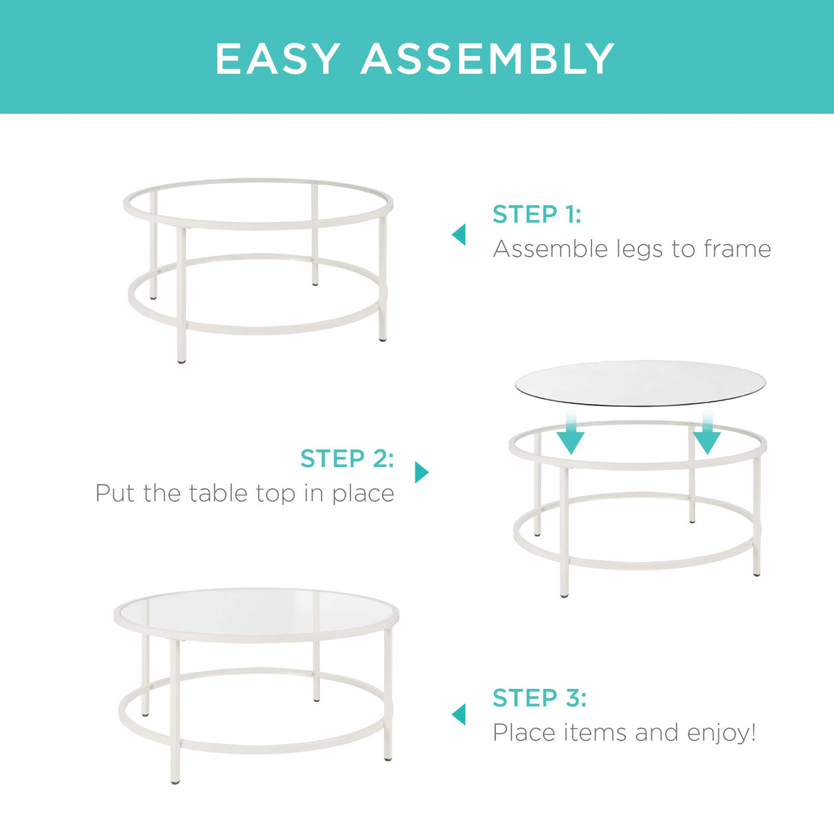 Best Choice Products 36in Modern Round Tempered Glass Accent Side Coffee Table for Living Room, Dining Room, Tea, Home Décor w/Metal Frame, Non-Marring Foot Caps - White Best Choice Products