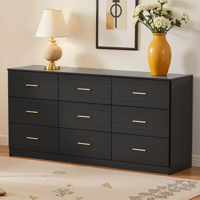 Miscoos 9 Drawer Dresser, 62.9" Large Deep Chest of Drawers,Wooden Dresser Storage Cabinet with 9 Drawers for Bedroom, Long Black Dressers for Living Room, Hallway,Nursery