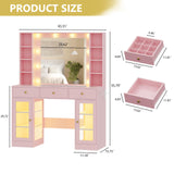 Makeup Vanity Desk with Mirror and Lights, Glass Top Vanity Table Set with Drawers & Power Outlet, Large Dressing Table with 3 Color Lighting Modes & RGB Cabinets for Women Girls Kids Bedroom, Pink Xixini