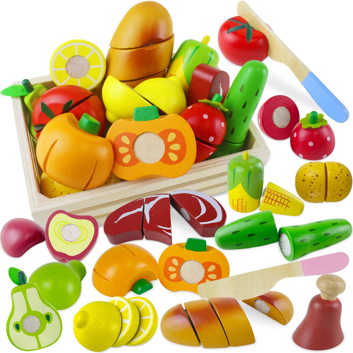 Beberolen Wooden Play Food Sets for Kids Kitchen Toddlers Wood Toys Cutting Fruit Pretend Food Play Kitchen Accessories Set for Boys and Girls Beberolen