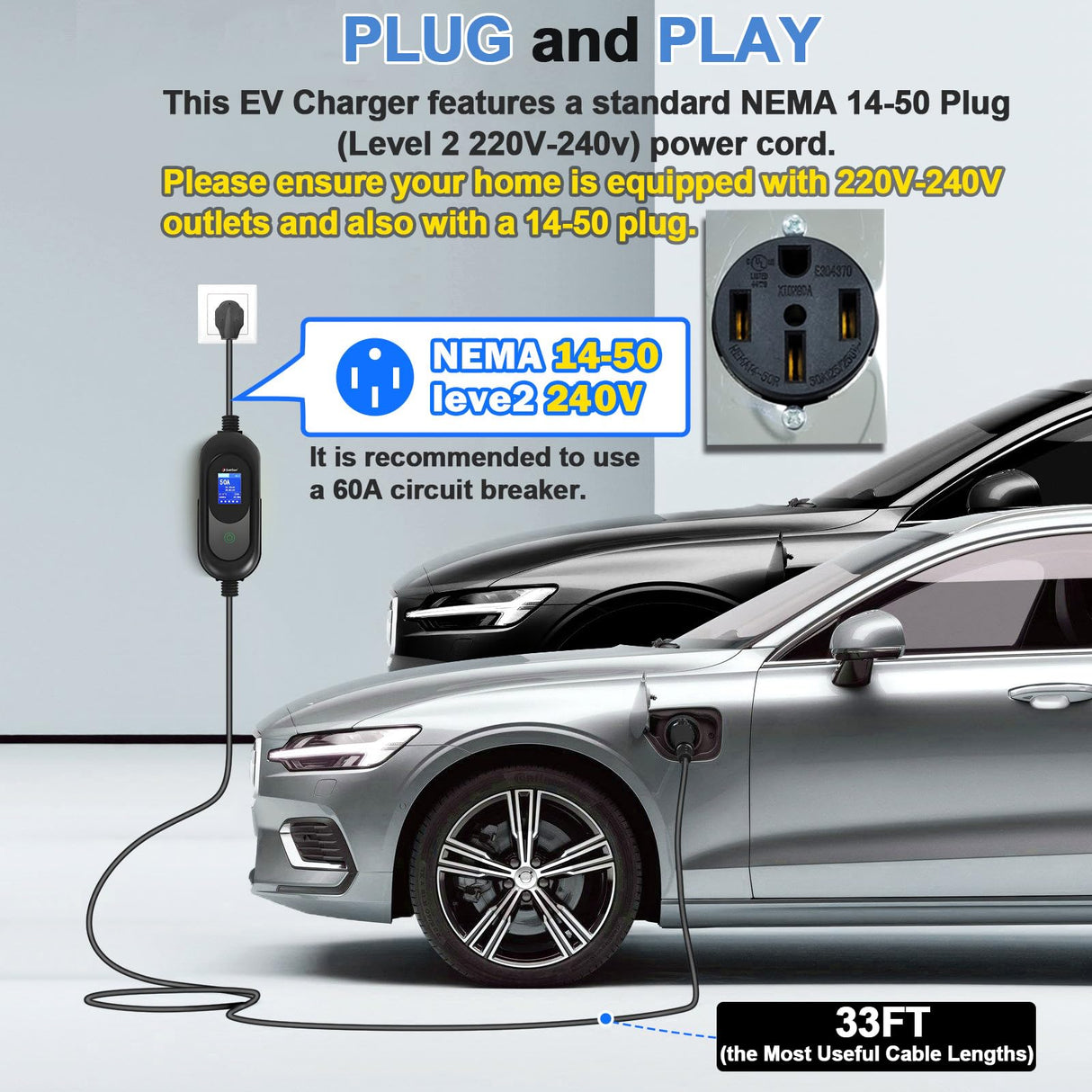 SubSun Universal Portable Level 2 EV Charger 50Amp 240V Electric Car Charger for All North American EVs Includes J1772 and Tesla, 33FT EV Charging Cable with NEMA 14-50 Plug (with Tesla Adapter) SubSun