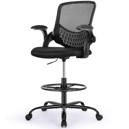 SMUG Drafting Chair Tall Office Chair for Standing Desk Adjustable Height Office Desk Chair with Adjustable Flip Up Armrests and Foot-Ring for Task, Working, Drafting, Studying, Dark Black