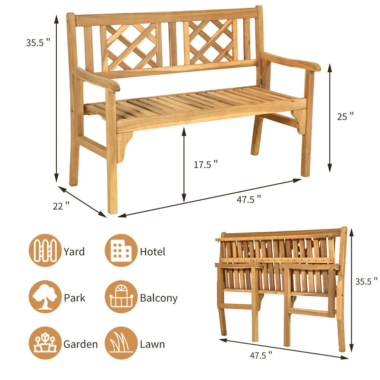 Tangkula Teak Folding Acacia Wood Garden Bench for 2 – Space-Saving, Ergonomic Design with Stylish Lattice Backrest Tangkula