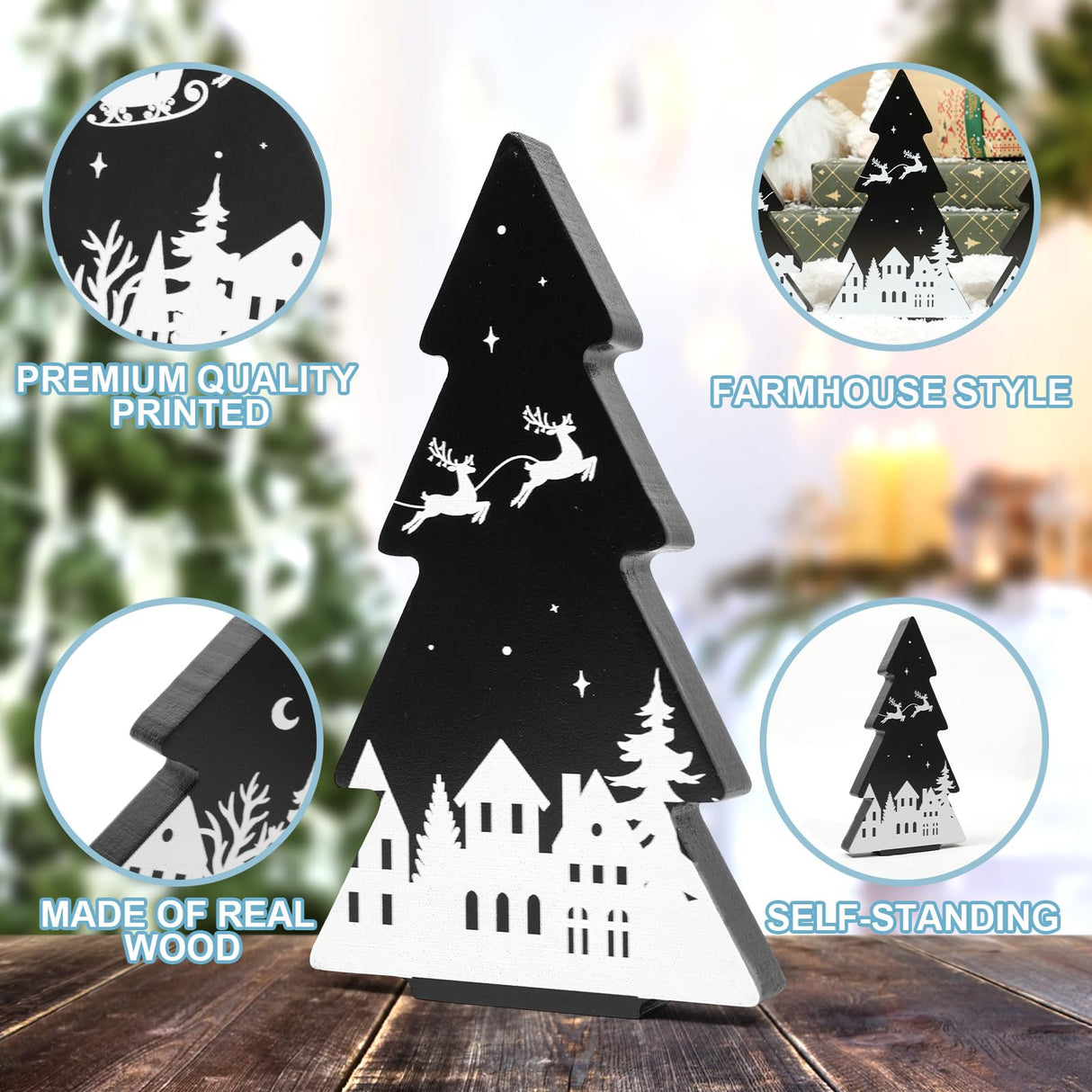 3 Pieces Wooden Christmas Tree Decor Black White Xmas Tiered Tray Decor for Christmas Home Tabletop Party Decor (Black) Sereliy