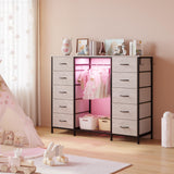 LUMTOK 55W 2-in-1 Dresser with Hanging Rack, 10 Drawers Dresser for Bedroom,Dressers with Fabric Drawers,LED Lights, Charging Station and Hanging Racks for Bedroom (Greige) LUMTOK