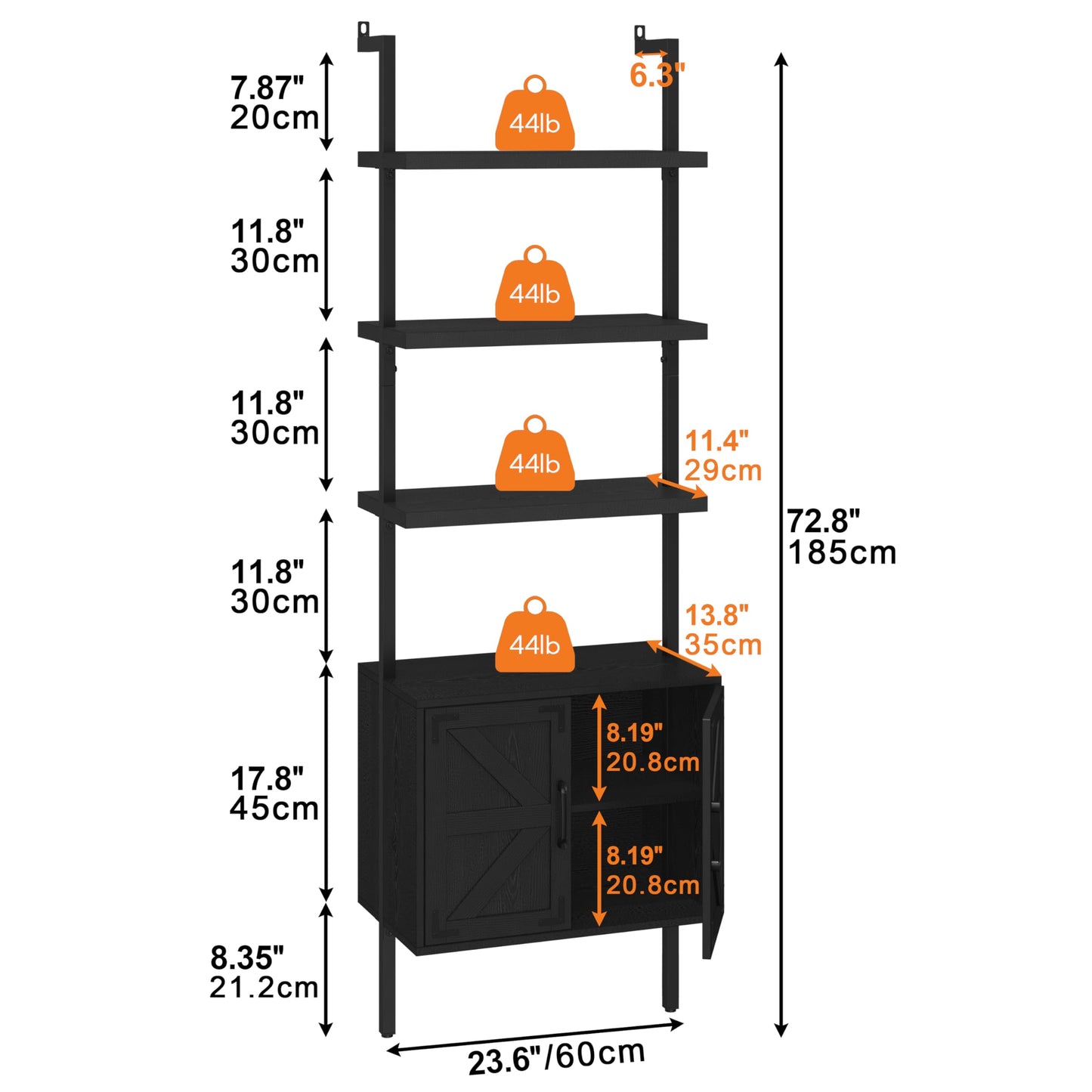 Yusong 73" Tall Bookshelf with Cabinet, Farmhouse Ladder Wall Mount Shelf Industrial Bookcase with Wood and Metal Frame, Plant Shelf Wall Storage Book Case Display for Living Room Bedroom Black