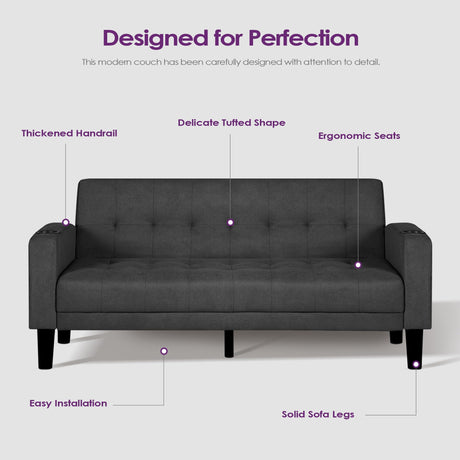 TYBOATLE 62 Inch Linen Upholstered Tufted Mid-Century Modern Loveseat Sofa w/ 2 USB Charger Ports and 2 Cupholders, Small Love Seat Couches for Living Room, Bedroom, Apartment, Dorm (Dark Grey) TYBOATLE